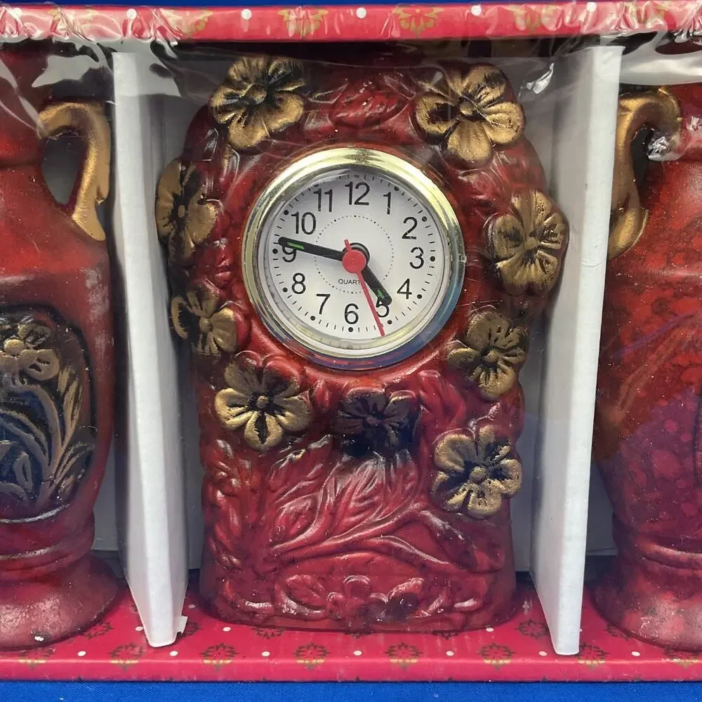 Vintage Red Floral Quartz Mantel Clock Matching Vases 3pc Gift Set New Sealed